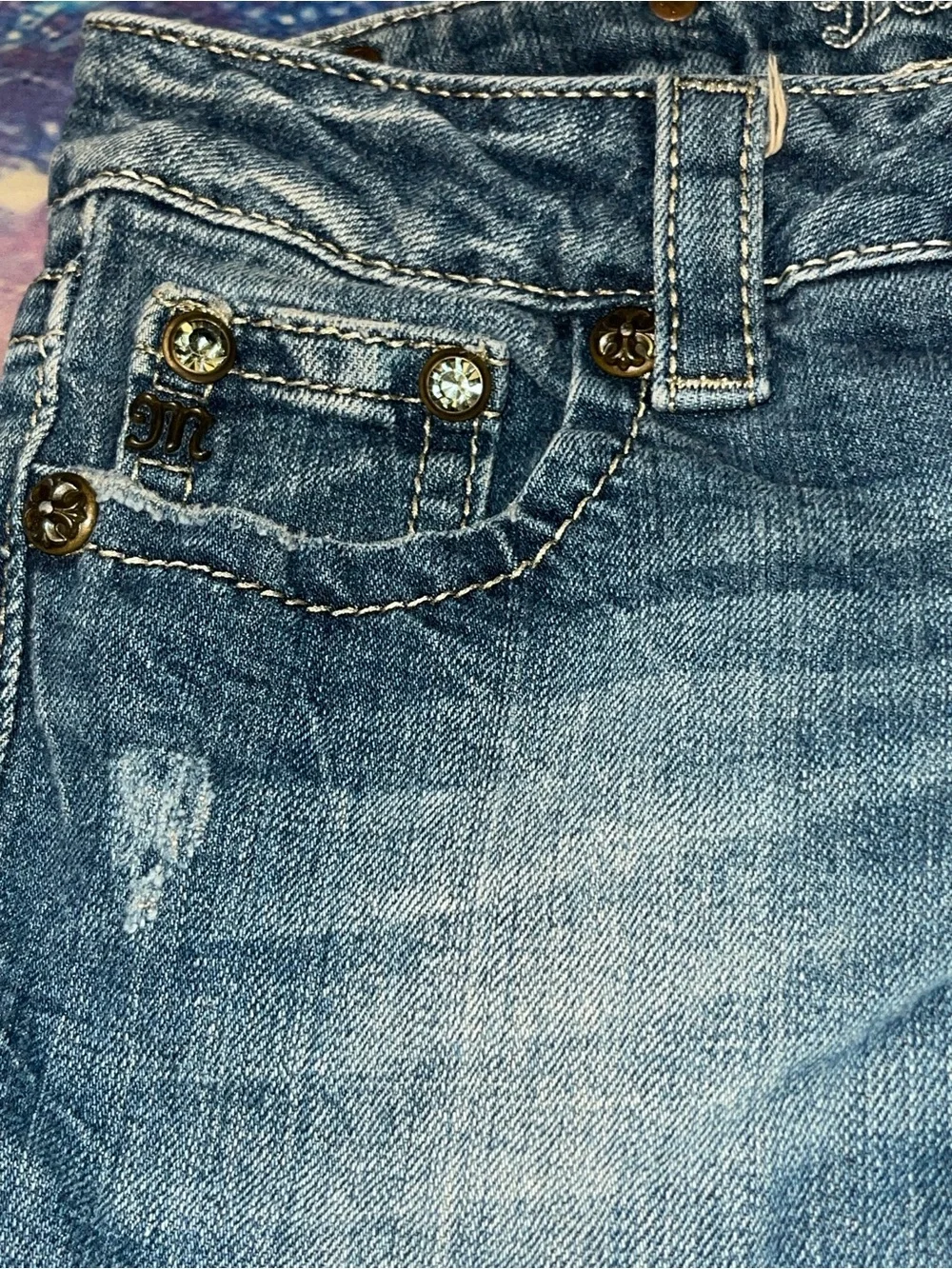 Miss Me Straight Leg Jeans Size 26 Ornate Gold Scrollwork Rhinestone Bling Y2K.